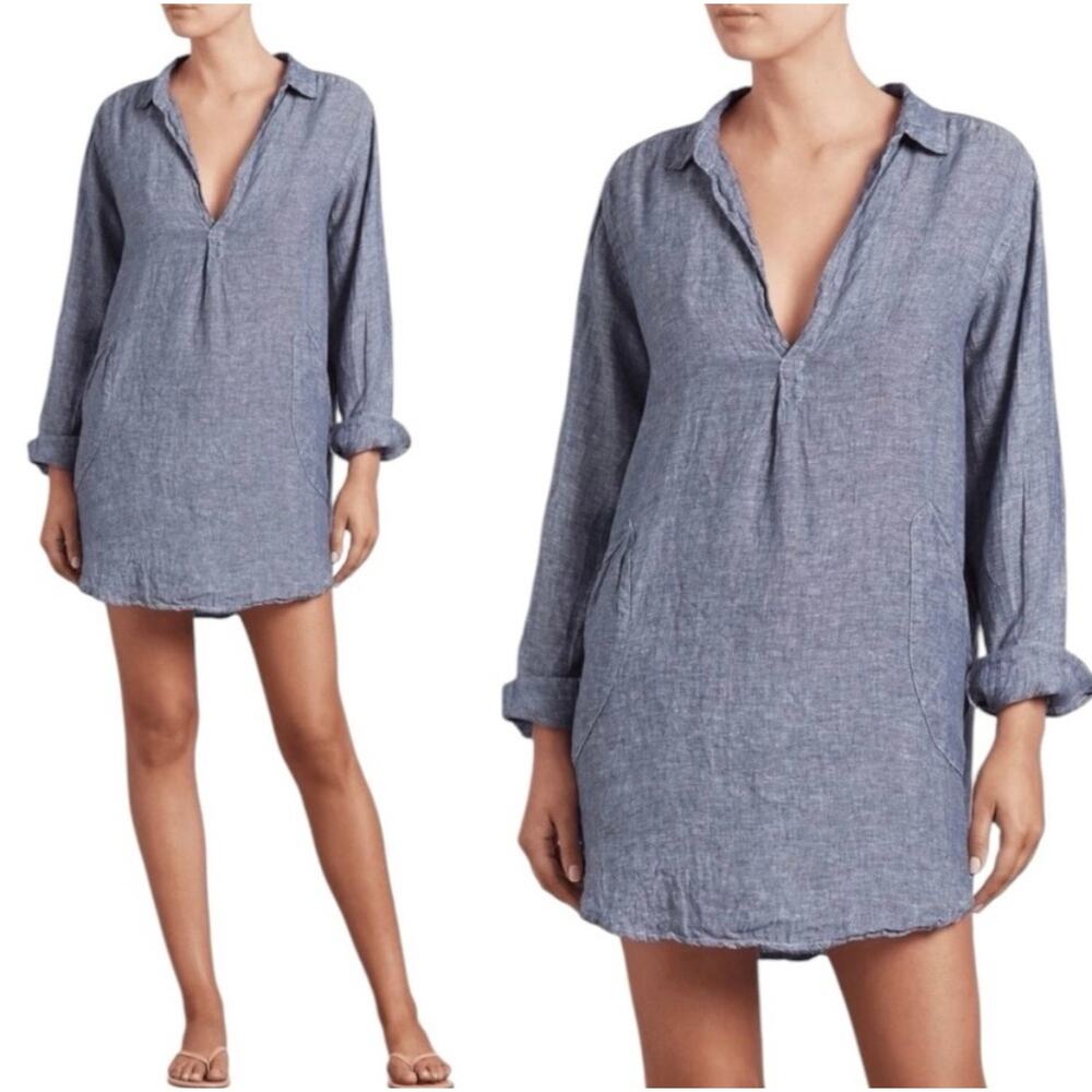 CP Shades Teton Linen Tunic Chambray V-Neck Pockets Lightweight Lagenlook Small